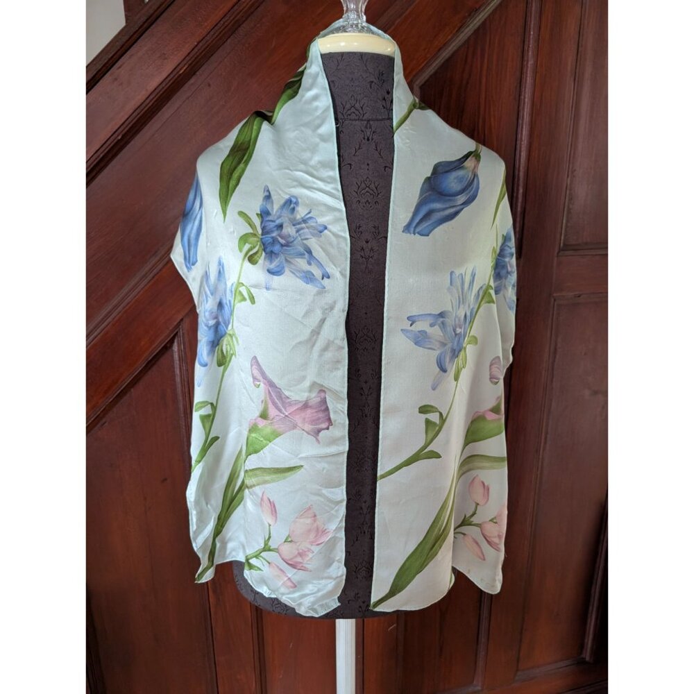 Vintage Echo Silk Floral Print Light Green Scarf Wrap With Pink & Blue Flowers